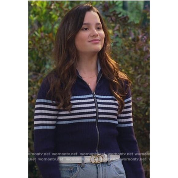 Cali‎ Be Full Zip Cardigan Sweater Women Medium Navy Blue Stripe Preppy Academia - Picture 2 of 13